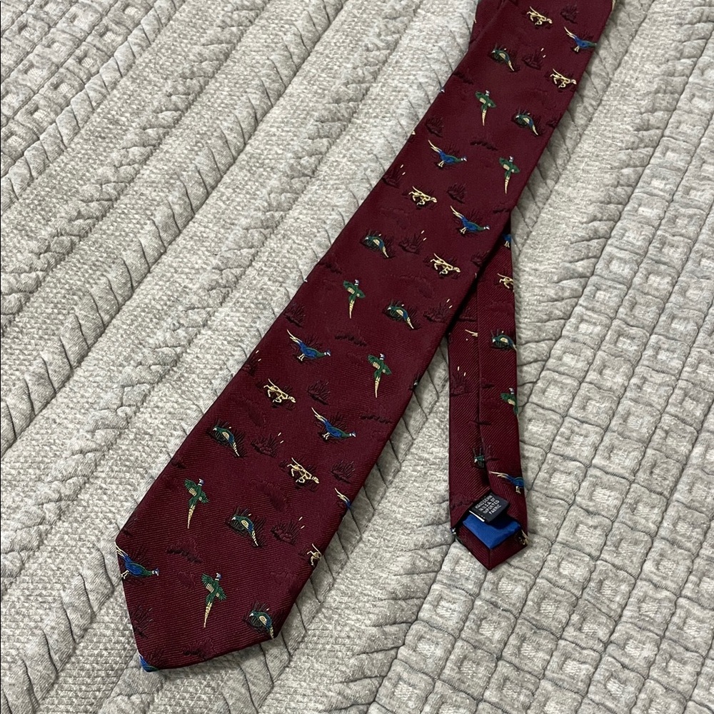 Vintage Lands’ End Silk Burgundy Tie with Bird Dog and Pheasant Pattern